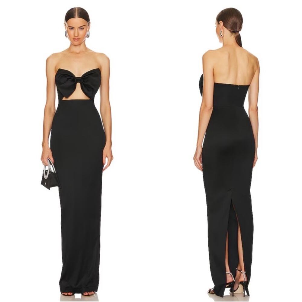 SAU LEE Esther Bow Detail Strapless Cutout Satin Black Maxi Dress Size 00